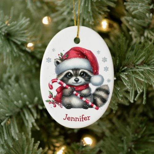 Cute Santa Hat Raccoon Christmas Ceramic Ornament