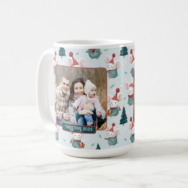 Cute Santa Hat White Mice Christmas Photo Coffee Mug (Front Left)