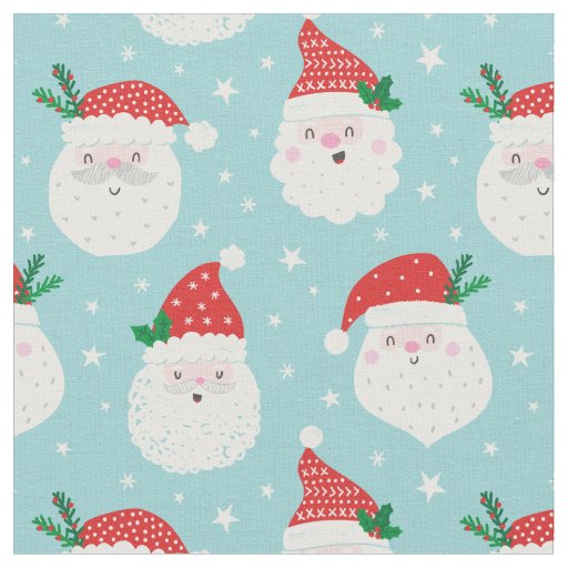 Cute Santa Heads on light blue Fabric