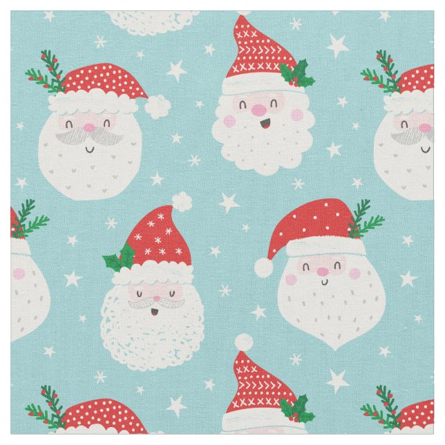 Cute Santa Heads on light blue Fabric (Close Up)