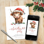 Cute Santa Highland Cow Christmas Party Invitation<br><div class="desc">Cute Santa Highland Cow Christmas Party. Available digitally and printed. Festive cuteness,  with this fun design with a sweet highland cow in his Santa hat. Christmas Party is in a set modern script. Easily personalise the rest of the text to your details.</div>