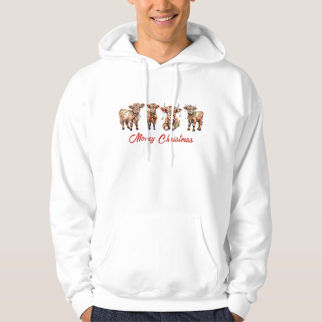 Cute Santa Highland Cows, Funny Mooey Christmas Hoodie (Front)