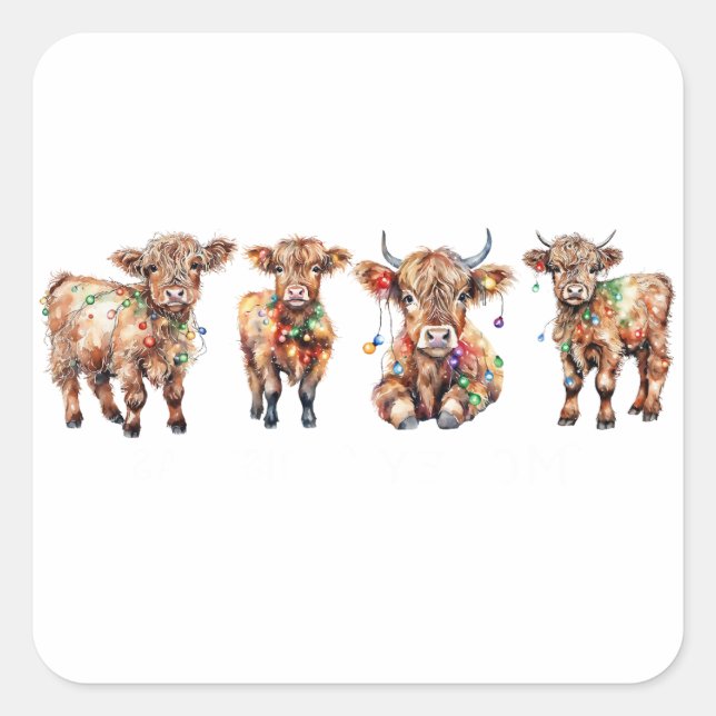 Cute Santa Highland Cows, Funny Mooey Christmas Square Sticker (Front)