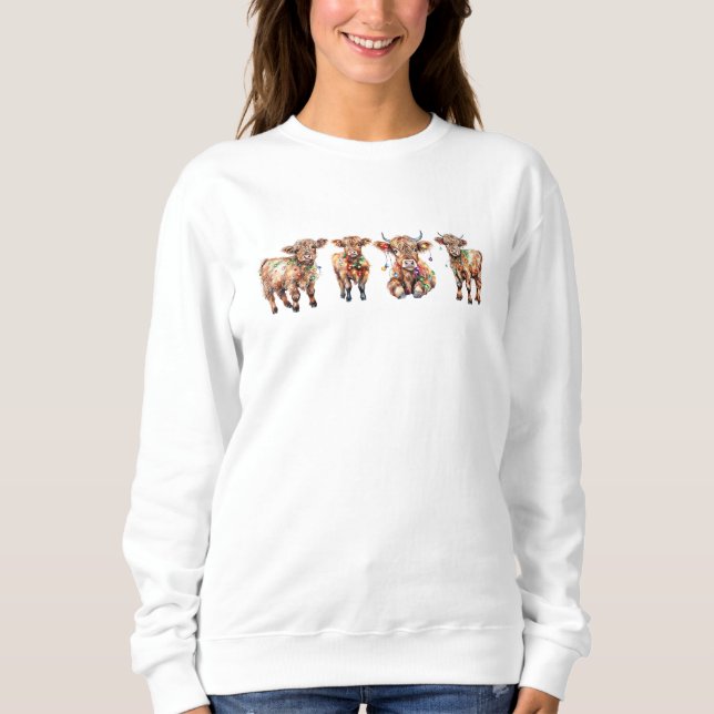 Cute Santa Highland Cows, Funny Mooey Christmas Sweatshirt (Front)