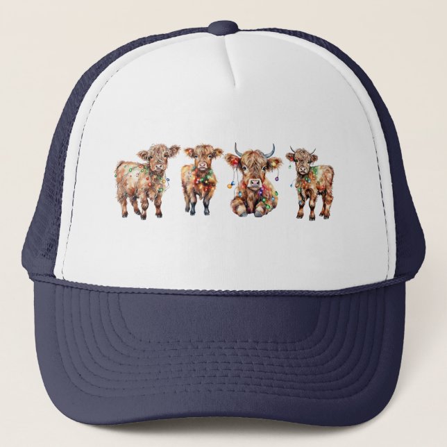 Cute Santa Highland Cows, Funny Mooey Christmas Trucker Hat (Front)