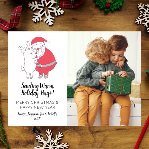Cute Santa Hugging Reindeer Family Christmas Photo Holiday Card