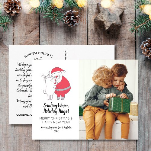 Cute Santa Hugging Reindeer Family Christmas Photo Postcard