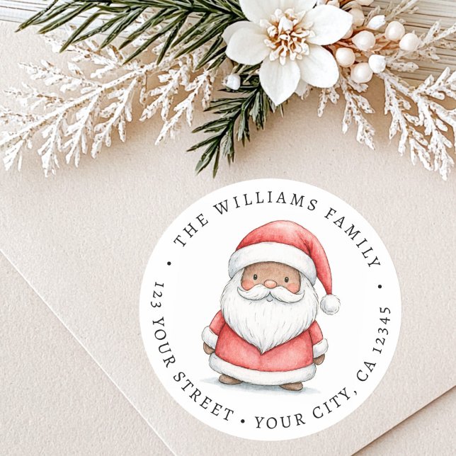 Cute Santa illustration Christmas return address Classic Round Sticker (Cute Santa illustration Christmas return address Classic Round Sticker)