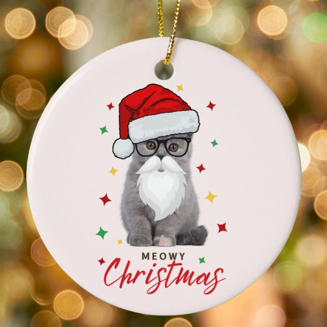 Cute Santa Kitten Meowy Christmas Ceramic Ornament (Creator Uploaded)