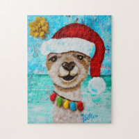 Cute Santa Llama on the Beach Jigsaw Puzzle