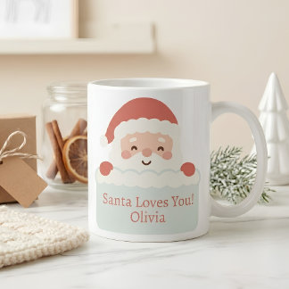 Cute Santa Loves You Personalized Christmas Name Coffee Mug