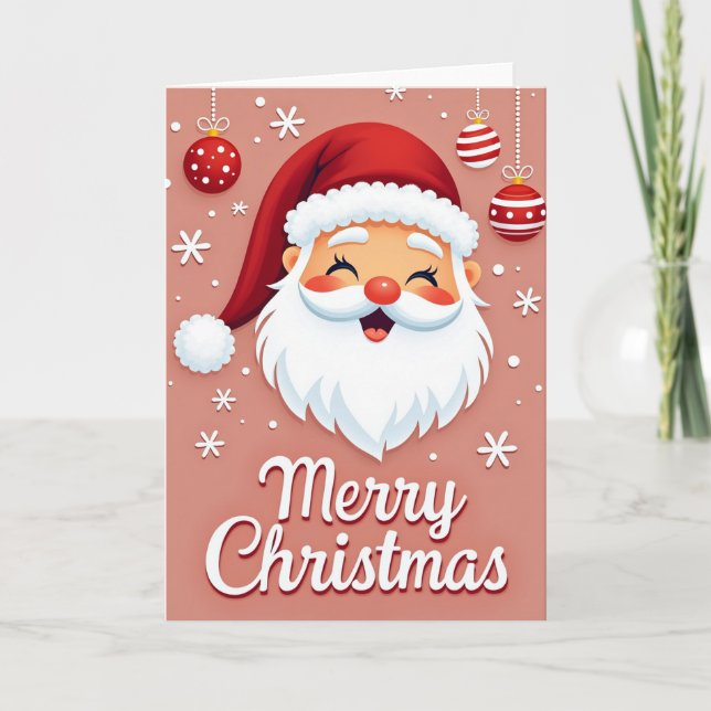Cute Santa Merry Christmas Card with Ornaments (Front)