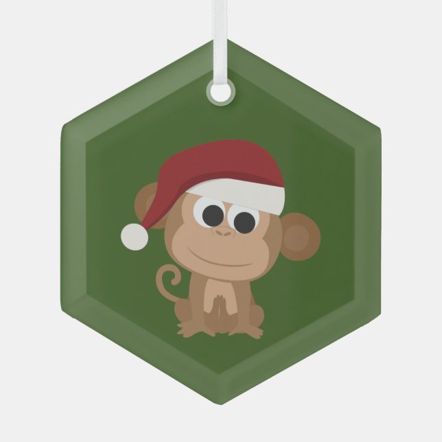 Cute Santa Monkey  Glass Ornament (Front)