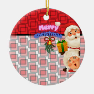 Cute Santa & Mrs. Claus Merry Christmas Greeting Ceramic Ornament