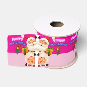 Cute Santa & Mrs. Claus Merry Christmas Greeting Grosgrain Ribbon