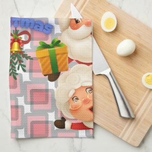 Cute Santa & Mrs. Claus Merry Christmas Greeting Kitchen Towel