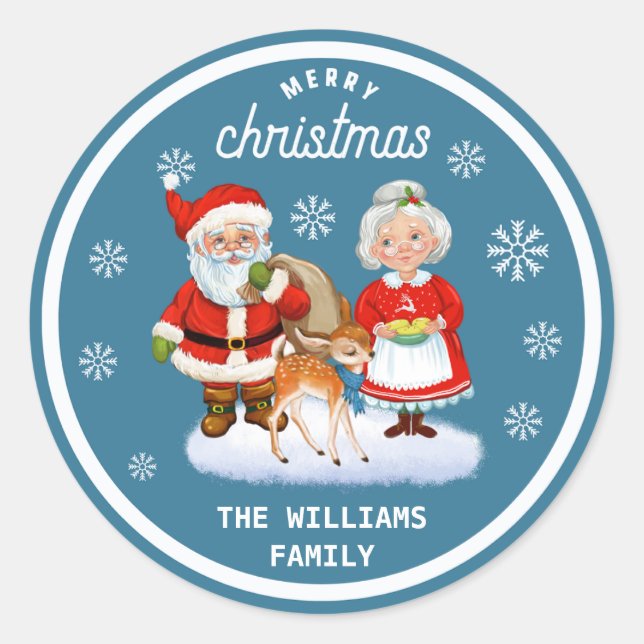 Cute Santa & Mrs Santa Minimalist Merry Christmas Classic Round Sticker (Front)