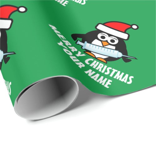 Cute Santa nurse penguin with syringe Christmas Wrapping Paper