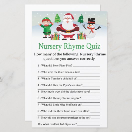Cute Santa Nursery Rhyme Quiz baby shower game (Front/Back)