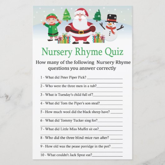 Cute Santa Nursery Rhyme Quiz baby shower game (Front)
