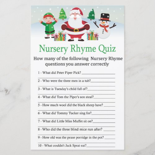 Cute Santa Nursery Rhyme Quiz baby shower game