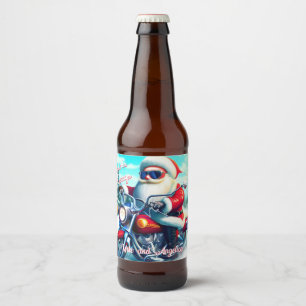 Cute Santa on a Motorcycle Beer Bottle Label
