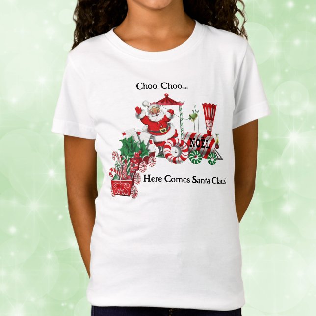 Cute Santa on Candy Train Letters Candy Canes T-Shirt (Here comes Santa on peppermint candy Christmas train on kids holiday tee shirt.)
