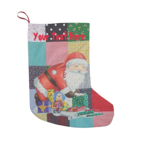 cute santa on patchwork background small christmas stocking