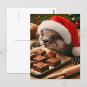 Cute Santa Otter With Brownies for Christmas Postcard
