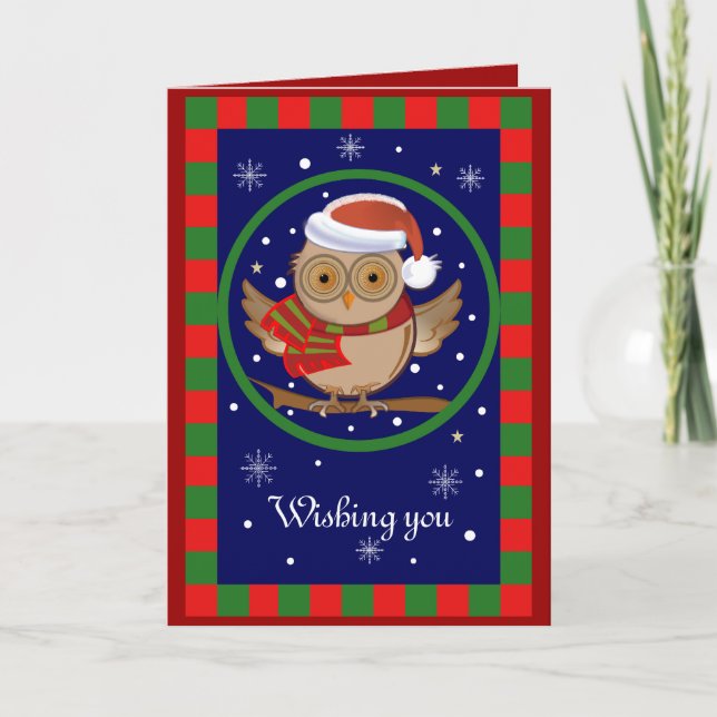 Cute Santa Owl Holidays card with Text (Front)