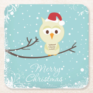  Cute Santa Owl Merry Christmas Light Blue Square Paper Coaster
