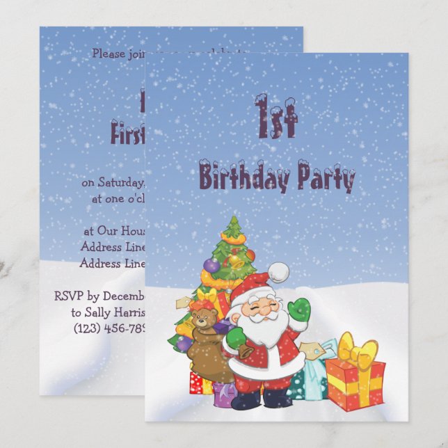 Cute Santa & Parcels Snow Scenery 1st Birthday Invitation (Front/Back)