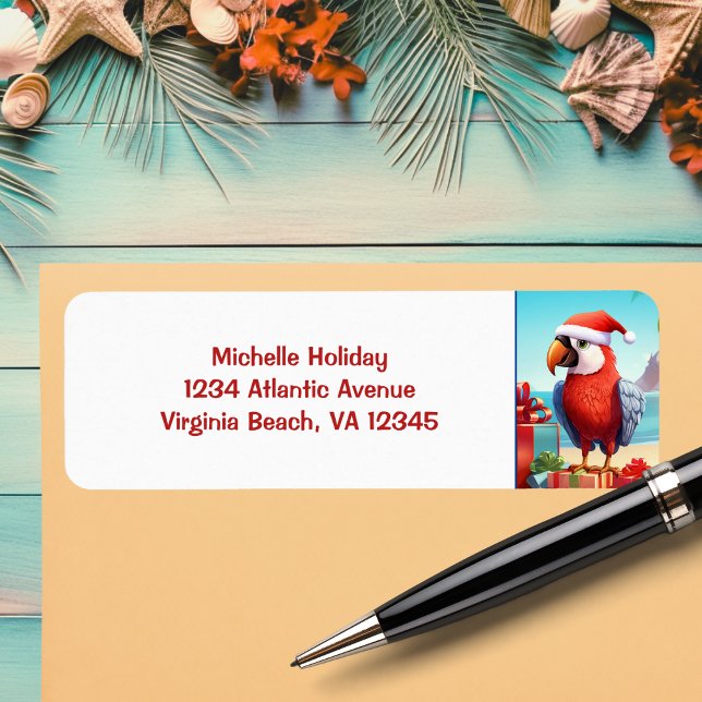 Cute Santa Parrot Tropical Beach Christmas Address Label (Cute Santa Parrot Tropical Beach Christmas Address Label)