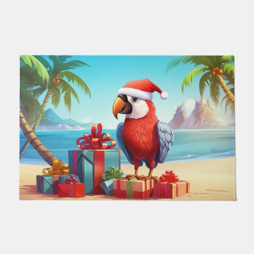 Cute Santa Parrot Tropical Beach Christmas Doormat