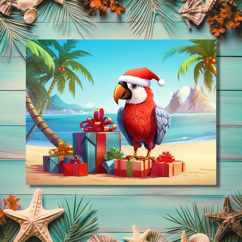 Cute Santa Parrot Tropical Beach Christmas Holiday Postcard