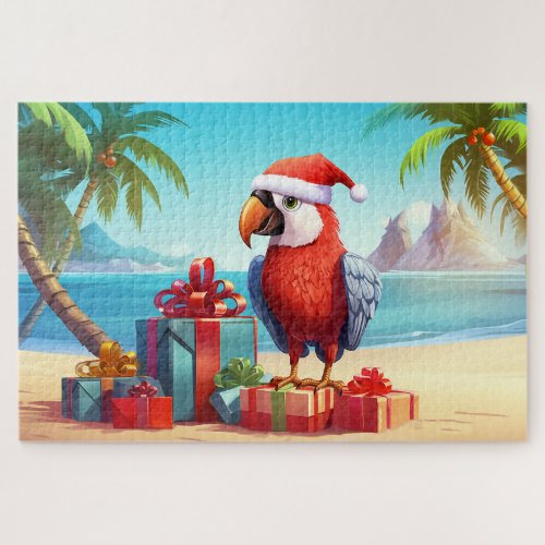 Cute Santa Parrot Tropical Beach Christmas Jigsaw Puzzle