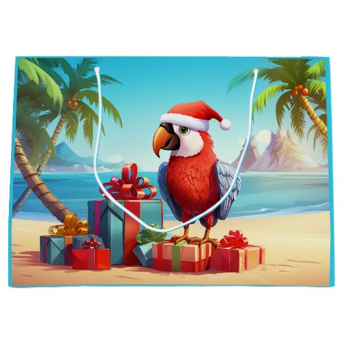 Cute Santa Parrot Tropical Beach Christmas Large Gift Bag