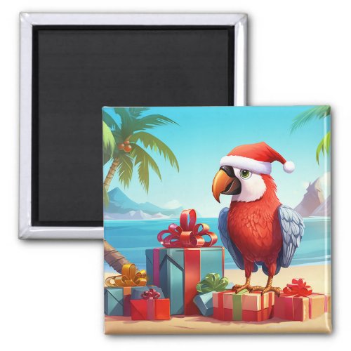 Cute Santa Parrot Tropical Beach Christmas Magnet