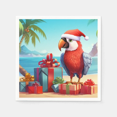 Cute Santa Parrot Tropical Beach Christmas Napkins