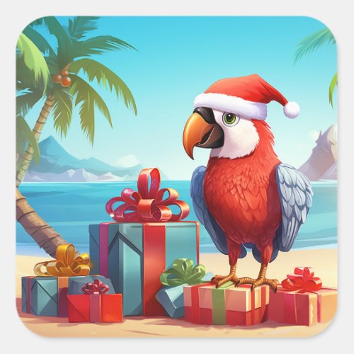 Cute Santa Parrot Tropical Beach Christmas Square Sticker