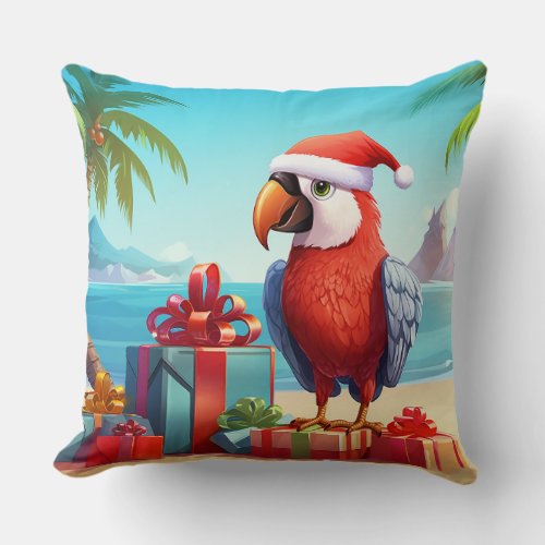 Cute Santa Parrot Tropical Beach Christmas Throw Pillow