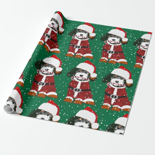 Cute Santa Paws Bernedoodle Holiday Green Wrapping Paper (Unrolled)