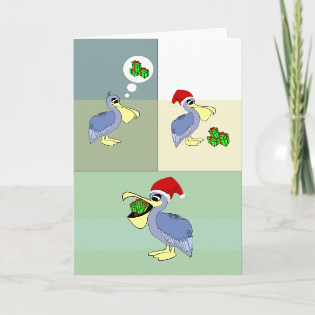 Cute Santa Pelican Eats Gifts Christmas Holiday Card (Front)