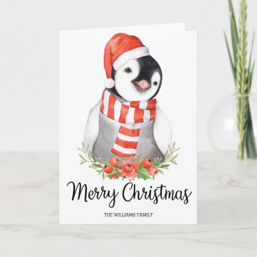 Cute Santa Penguin Merry Christmas Greetings Holiday Card