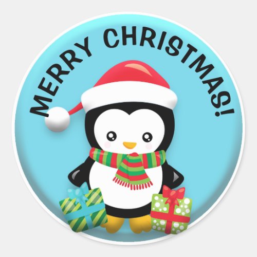 Cute Santa Penguin with Christmas Gifts on Blue Classic Round Sticker