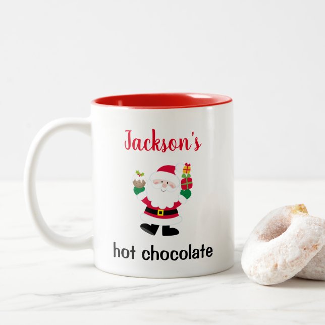 Cute Santa Personalized Kids Christmas Hot Cocoa Two-Tone Coffee Mug (With Donut)