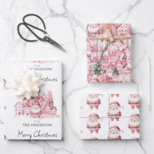 Cute Santa Pink Winter Town Christmas Wrapping Paper Sheets