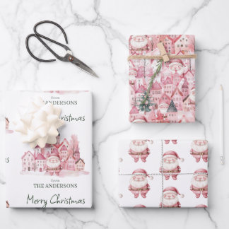 Cute Santa Pink Winter Town Christmas Wrapping Paper Sheets