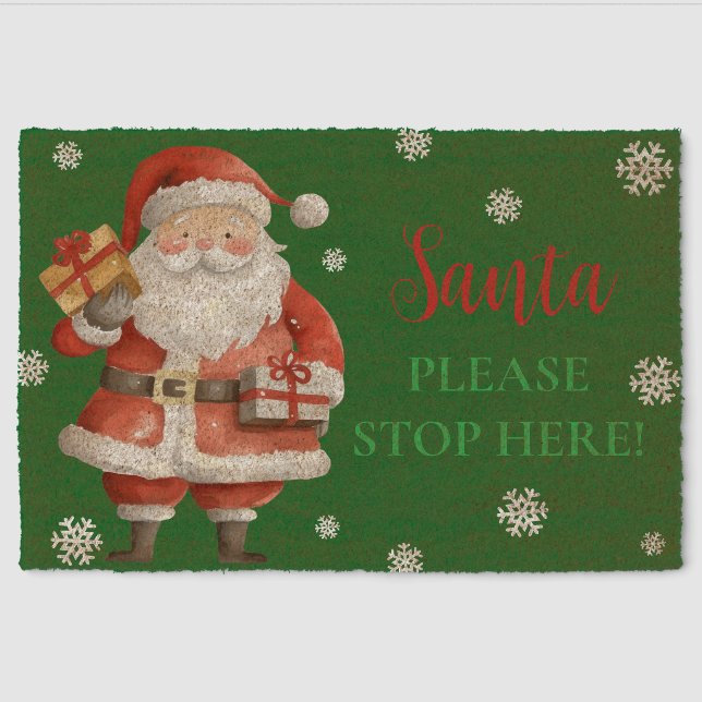 Cute Santa Please Stop Here Christmas Entryway Fiber Doormat (Front)