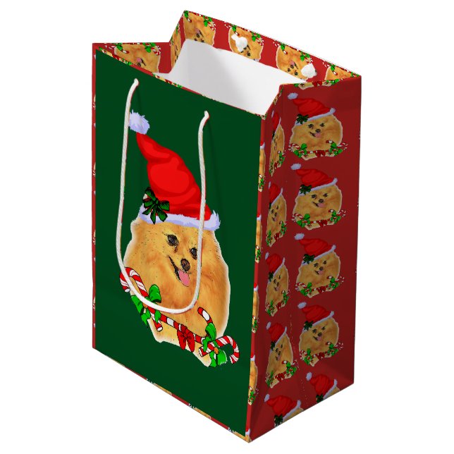 Cute Santa Pomeranian Christmas Medium Gift Bag (Front Angled)